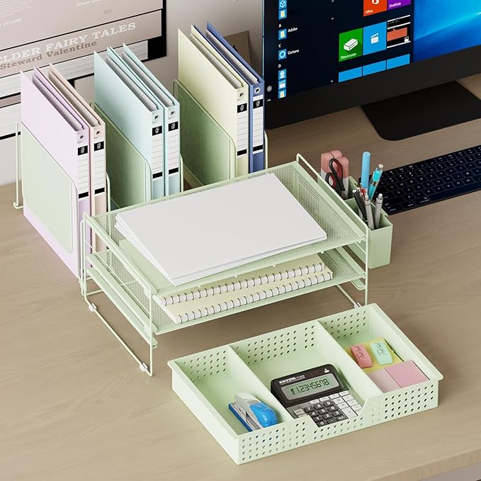 LEKETREE Green Desk Organizer, Office Organization with Vertical File Holder, File Organizer with Drawer and Pen Holder, Desk Accessories and Workspace Organizers for Home Office (Green)