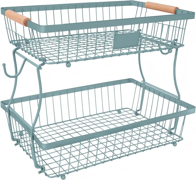 Fruit Basket Bowl 2 Tier Detachable with 2 Banana Hangers, Fruit Stand Holder for Kitchen Countertop, Metal Wire Vegetable Storage Organizer, for Bread Snack Veggies Produce, blue