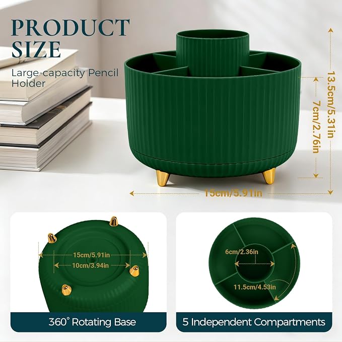 KONVINIT Pencil Pen Holder for Desk, 5 Slots 360-Degree Rotating Desktop Organizer, Cute Desk Organizers and Accessories for School, Home, Office and Art Supply, Dark Green
