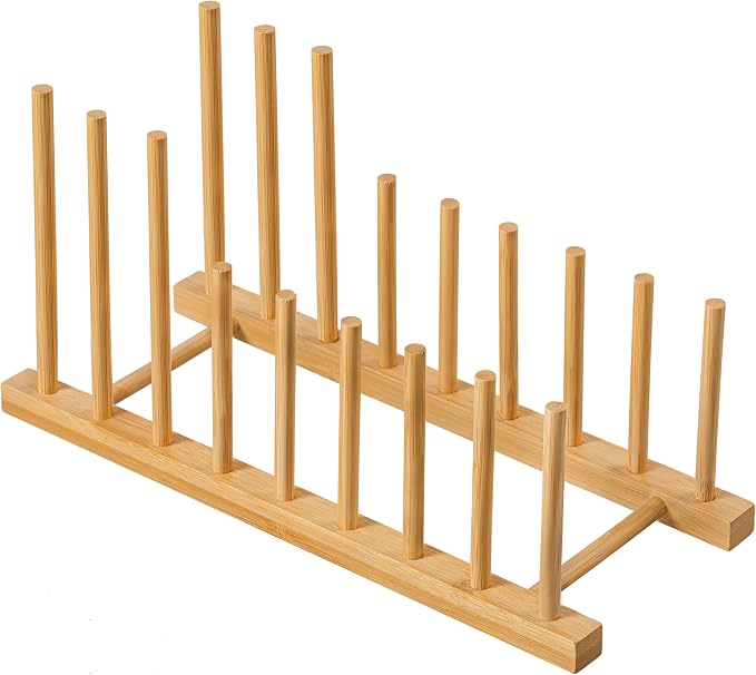 HBlife Heighten Bamboo Wooden Dish Drying Rack Plate Pot Lid Organizer | Plate Bowl Cup Book Pot Lid Cutting Board Stand, Drainer Storage Holder Organizer, For Kitchen Cabinet, 8 Slots
