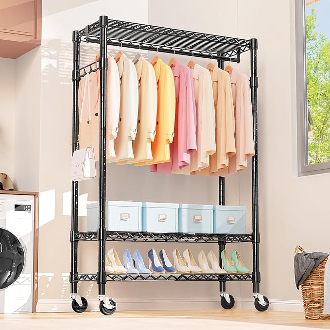 M MZG Heavy Duty Rolling Garment Rack 3 Tiers Adjustable Wire Shelving Clothes Rack with Rods and Side Hooks,Storage Closet Clothing Rack with Wheels Black 17.7" D x 47.2" W x 83.6" H
