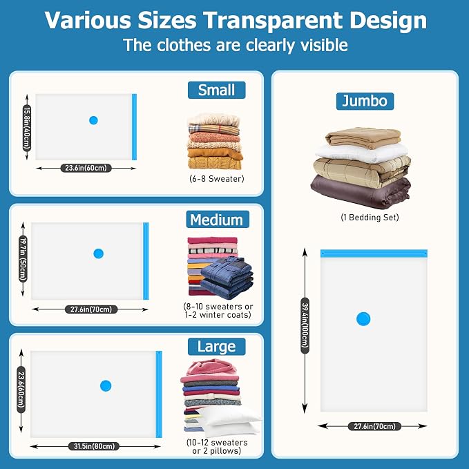 15 Vacuum Seal Bags for Clothing Travel with Rechargeable Air Pump | 4 Size Space Saver Vacuum Storage Bags, 1500mAh Type-C Pump, 6000Pa Saves 80% Space, PA+PE Tearproof Zipper For Luggage
