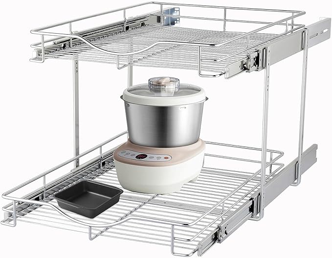 DINDON 2 Tier Pull Out Cabinet Organizer (20" W X 21" D), Double Tier Wire Basket Slide Out Shelf Storage for Kitchen Base Cabinet Organization for Kitchen, Pantry, Bathroom, Chrome