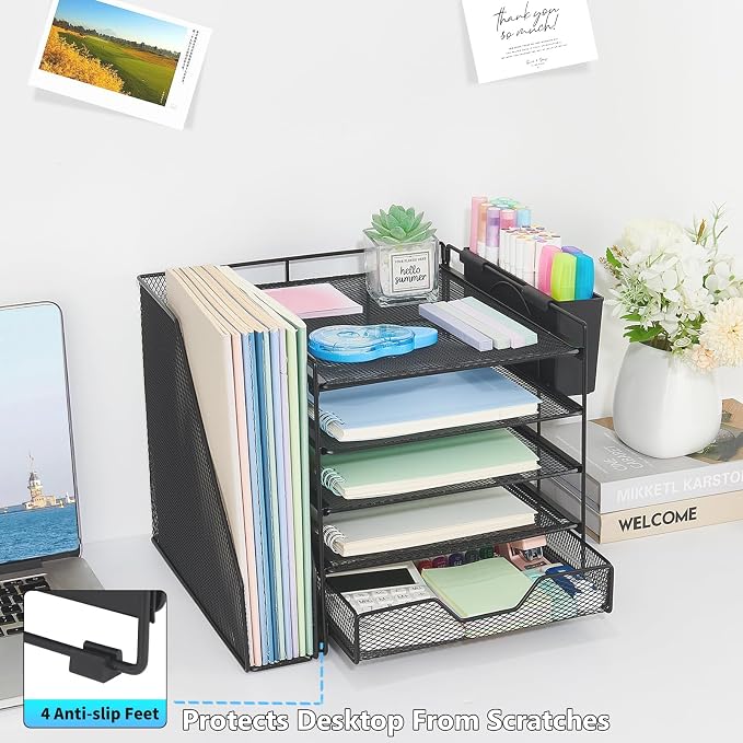 Desk Organizers and Accessories, 5-Tier Paper Letter Tray Organizer with File Holder, Drawer & Pen Holder, Office Desk Accessories, Desktop Organizer for Classroom Office Supplies, Black