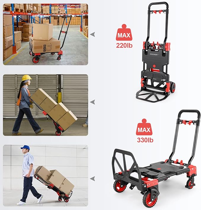 330LB Folding Hand Truck Heavy Duty Carrying, 2-in-1Hand Truck Dolly Foldable with Folding Basket, Combination of 4 Wheels and 2 Wheels Convertible Dolly Cart with Retractable Handle Dolly for Moving.