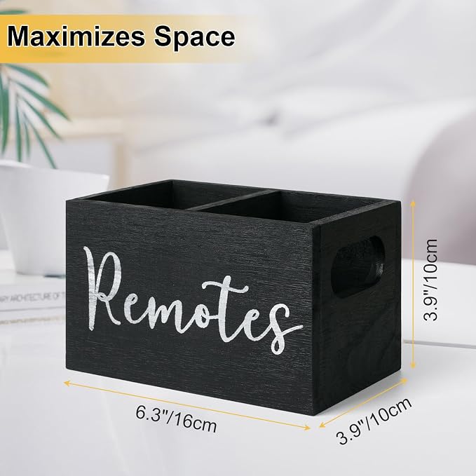 Remote Control Holder, Wooden TV Remote Holder for Table, Remote Caddy Organizer with 2 Compartments, Media Storage Box for Nightstand, Bedside (Black)