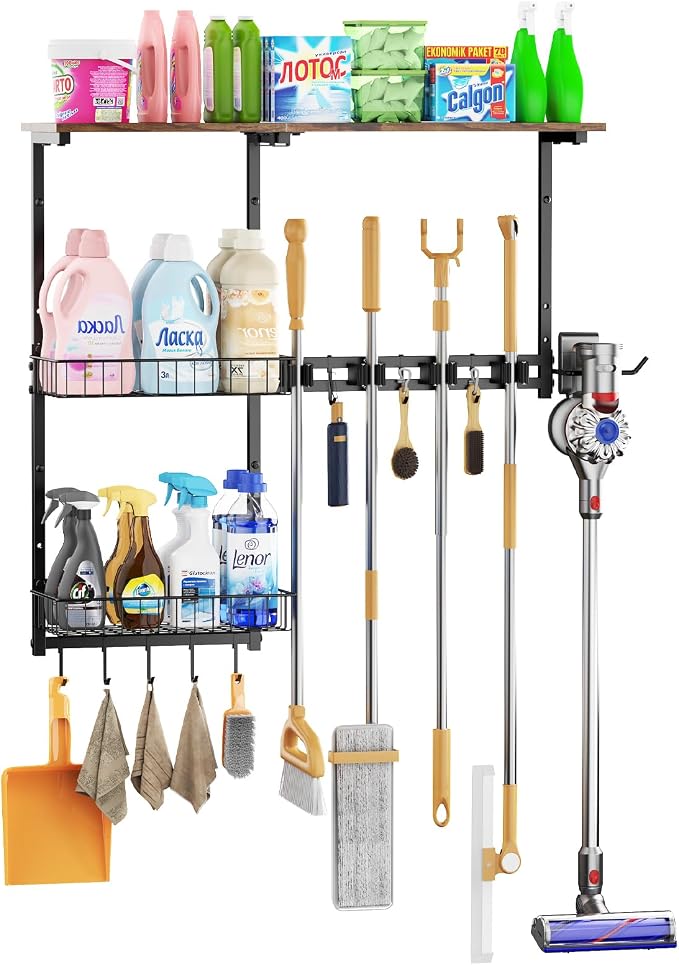 Broom Holder Wall Mount，Mop Rack With Storage Basket,Diversity Laundry Room Cleaning Tool Storage container，Suitable Family Garage Kitchen Organization Wall-Mounted Rack (Black, Medium)