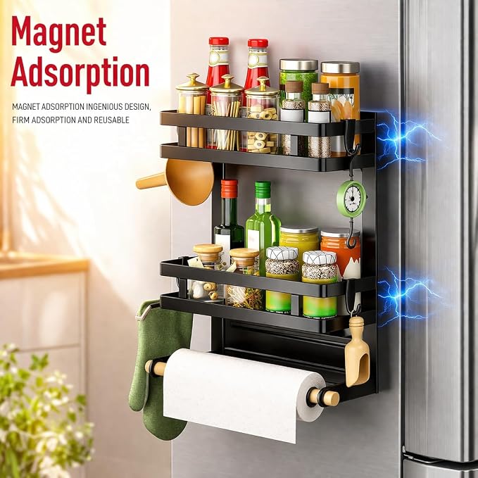 Magnetic Refrigerator Spice Rack Organizer, 2 Layer Kitchen Shelf with Paper Towel Holder, Fridge Side Storage for Seasoning Bottles, No Drill Rack