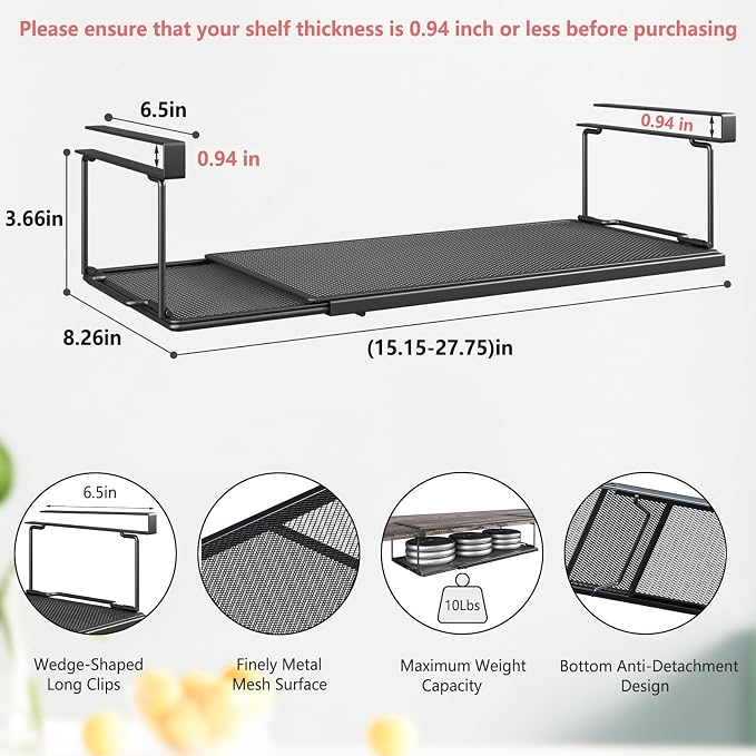 Expandable Under Cabinet Shelf, Extendable Under Shelf Storage with 0.94 Inches Thick Clips for Pantry Cabinet, Laundry Room, Shoe Rack. (Black, 1 Pack, Interior: 3.66" H x 8.26" D)