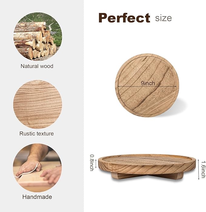 Round Decorative Tray Farmhouse Kitchen Decor Soap Dish, 9" Brown | Waterproof, Lightweight, Easy Clean, Wood Riser Pedestal Stand Accessories for Office Desk, Vanity, Counter, Sink