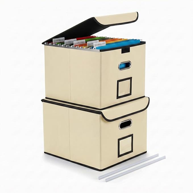CADONO File Organizer Box with Lid, Large Hanging File Folder Organizer with Plastic Slide, Collapsible Portable Filing Storage Boxes for Office/Decor/Home (Beige, 14.9 x 12.59 x 10.8 inch, 2-Pack)
