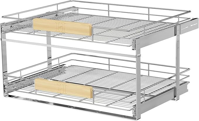 LOVMOR 2 Tier Pull Out Cabinet Organizer 25½" W x 21½" D, Slide Out Drawers with Wooden Handle, Sliding Shelves Organization and Storage for Kitchen, Pantry
