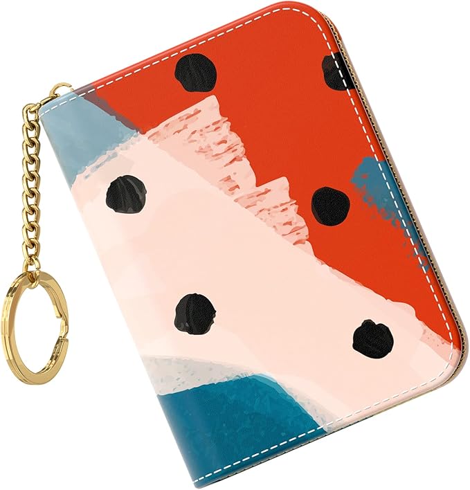 Nipichsha Credit Card Holder, Small RFID Card Wallet for Women, Slim Leather Card Holder Wallet, Credit Card Wallet Organizer, Pocket Business Card Case with Zipper & Keychain, Morandi Art