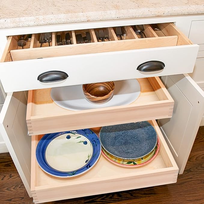 Mulush 20”W x 21”D x 3”H Soft Close Slide Out Wood Drawer Organizer for Kitchen, (Cabinet Width>20.5 inches for Bottom Assembly, Width= 20 inches for Side Assembly)