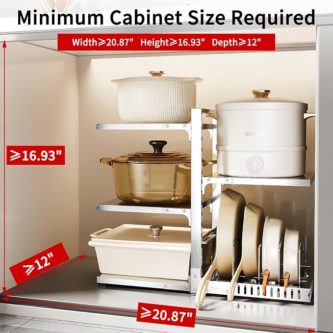 PureBox Pots and Pans Organizer Rack with Lid Holder – 8 pots, 304 Solid Stainless Steel Shelves Heavy Duty Adjustable Under Cabinet Pot Rack, Double-Sided Cabinet Organizer,Silver
