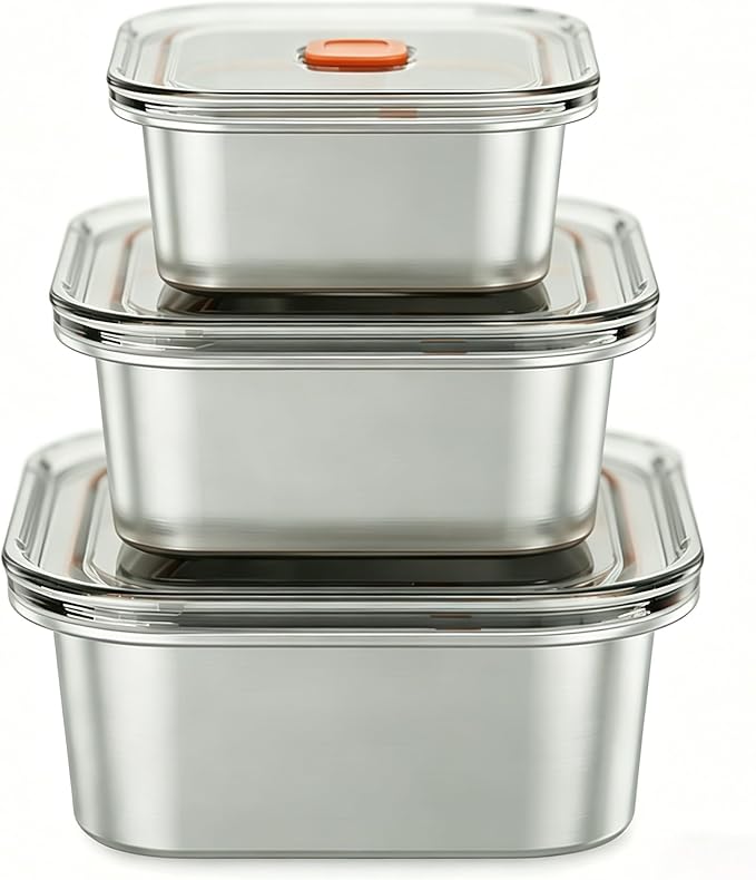 3 Pack Stainless Steel Food Storage Containers with Lids, Meal Prep Containers, Vacuum-Sealed Airtight Leakproof, Microwave/Dishwasher/Freezer Safe, Multi-Size for Fresh Storage (15+27+37oz)