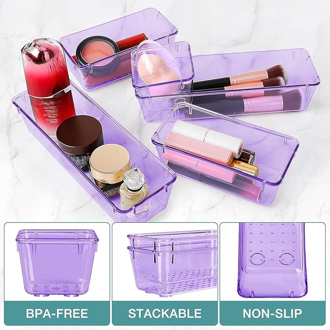 StorMiracle 23 PCS Drawer Organizer Set, 5 Varied Size Bathroom and kitchen Drawer cabinet organizer Trays, Clear Storage Bins for Makeup, Jewelry, Utensils and Gadgets, Purple