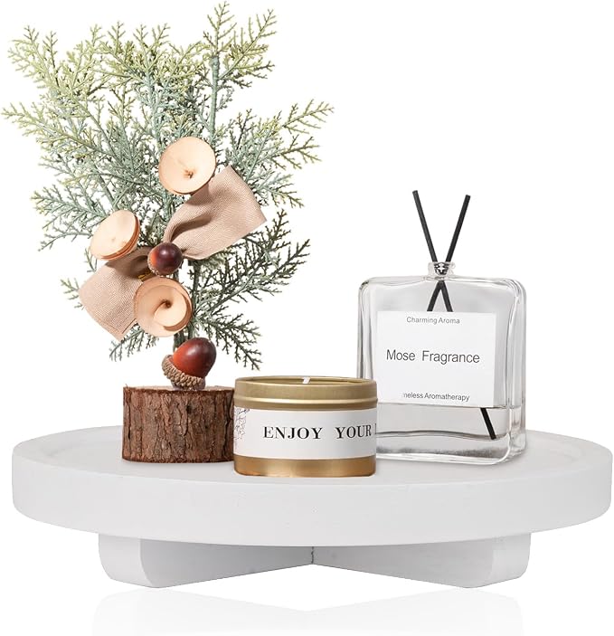 Round Decorative Tray Farmhouse Kitchen Decor Soap Dish, 8" White | Waterproof, Lightweight, Easy Clean, Wood Riser Pedestal Stand Accessories for Office Desk, Vanity, Counter, Sink