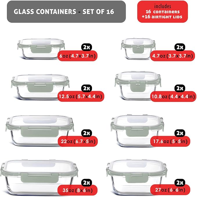 EATEX 32pc Glass Storage Containers with Lids, 16 Glass Food Storage Containers with 16 Airtight Lids for Pantry & Kitchen, Meal Prep Containers for Lunch, Oven Freezer Microwave & Dishwasher Safe