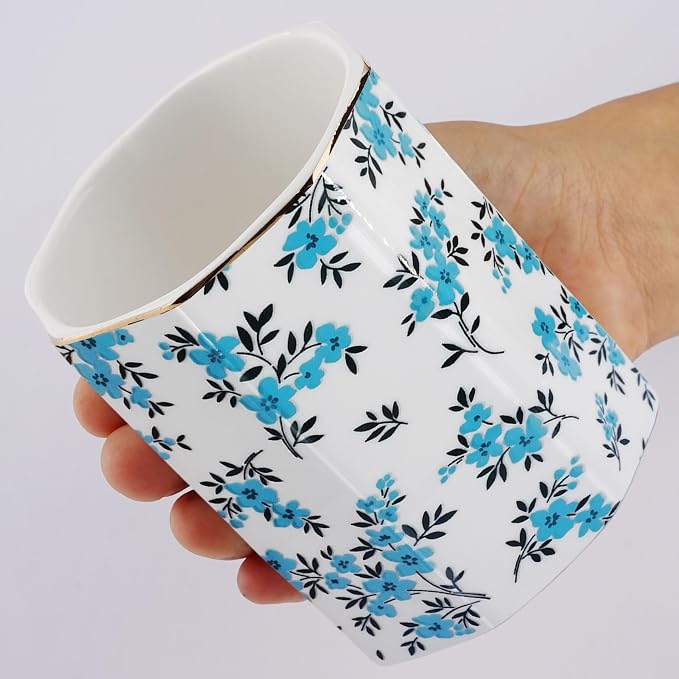 Pen Holder, Makeup Brush Holder Ceramic Shiny Gold Spring Floral Pattern Pencil Cup for Girls Kids Women Durable Stand Desk Organizer Storage Gift for Office, Classroom, Home (Teal Blue)