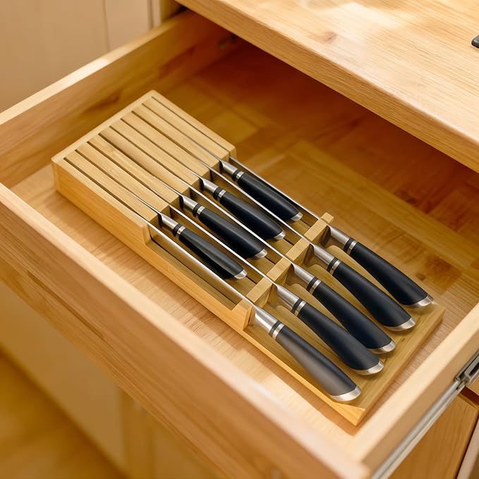 In-Drawer Bamboo Knife Block, 9-Slot Anti-Slip Space-Saving Storage | Fits Most Standard Drawers | Holds Up to 9 Knives | Natural Bamboo Finish | Secure Stable Knife Drawer Insert Organizer