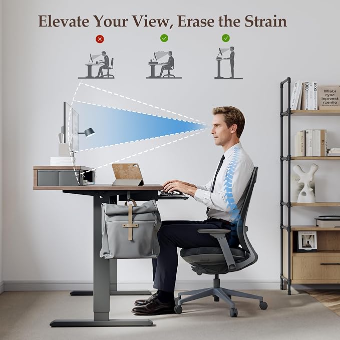 Klicelor 55 x 24 Inch Electric Standing Desk with Drawers and Keyboardtray, Adjustable Height Small Sit Stand Desk for Home Office, Compact Computer Workstation with Storage- Rustic Brown