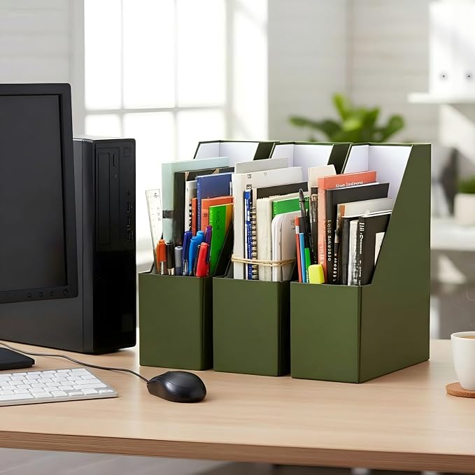 Gueevin Set of 6 Magazine File Holders, Sturdy Cardboard Desk Magazine Organizer with Gold Label Slots, Foldable File Folder Rack for Home Office Classroom Library(Green)