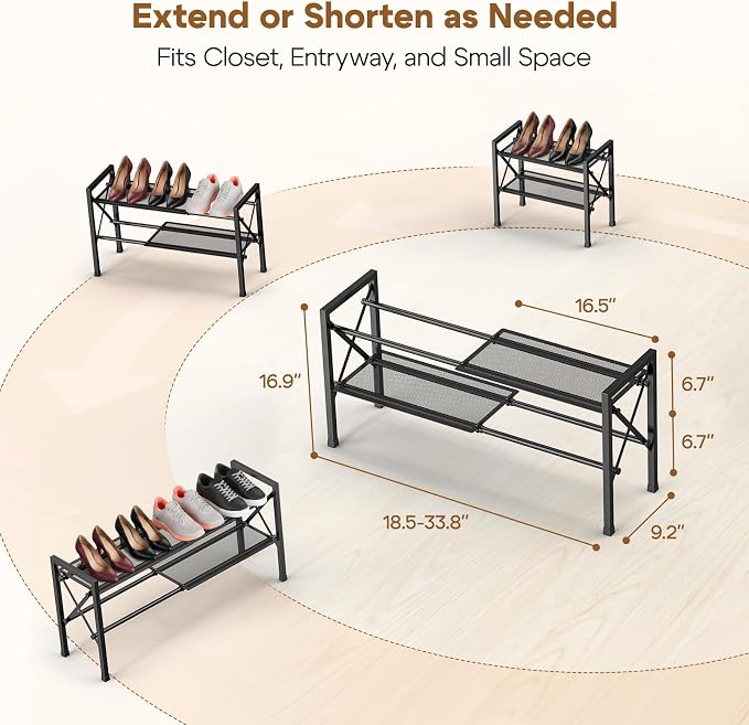 YEASHEIN 2-Tier Expandable Shoe Rack Organizer with Wire Mesh Shelf - Black | Sturdy Metal Shoe Shelf with 3-Tier Storage, Adjustable Shoe Stand, Free Standing Shoe Rack for Closet, Entryway, Garage