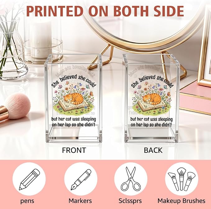 She Believed She Could But Her Cat Was Sleeping Acrylic Pen Holder | Funny Cats Bookworm Pen Pencil Holder Cup for Women Cat Mom Coworker, Home Office Desk Accessories, Cats Book Lover Gifts