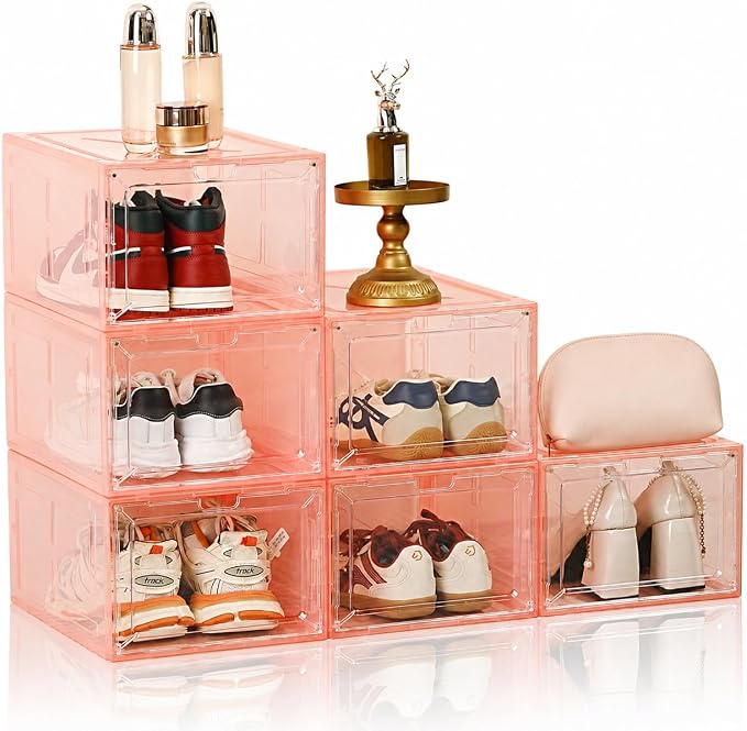 Translucent Pink Shoe Storage Boxes, 2026 2nd Gen Thickened Hard Plastic Stackable Organizer with Magnetic Door, Folding Shoe Racks for Closet, Decorative Sneaker Display Cases, 6 Pack