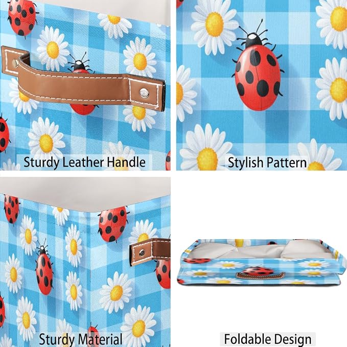 TropicalLife Flower Ladybugs Checkered Storage Cube, 13 Inch Fabric Cube Storage Organizer Bin for Shelves Clothes, Decorative Foldable Storage Boxes