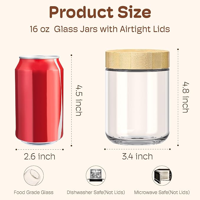 16 oz Overnight Oats Containers with Bamboo Lids, Glass Mason Jars 4 Pack | Airtight Seal Keeps Leakproof, Wide Mouth for Easy Filling & Cleaning, Ideal for Chia Pudding, Yogurt Parfaits & Meal Prep