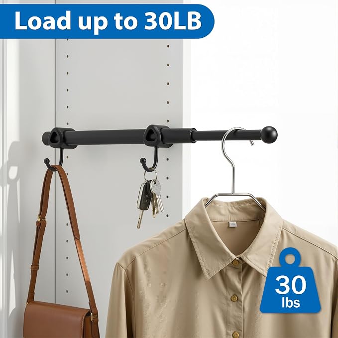 Valet Rod for Closet Pull Out with Hooks, Easy To Install (Black, 14 Inch)