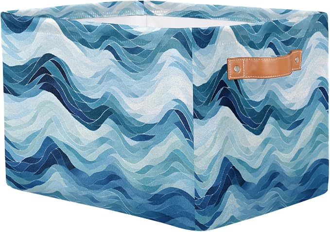 Rectangular Storage Bins Abstract Blue Waves Collapsible Fabric Storage Basket Organizer with Handles for Nursery Bedroom Bathroom