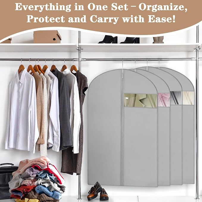 20 Pack Garment Bags for Hanging Clothes,Suit Bags For Closet Storage and Travel with Clear Window 40-inch Suit Garment Bag for Men Women Skirt Shirt Coat,Gray