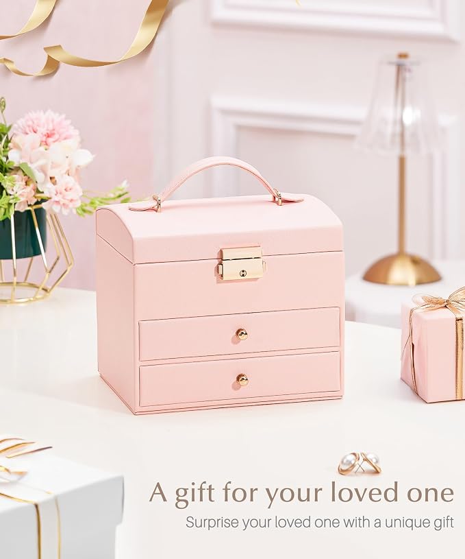 Homde Small Jewelry Box for Girls: 3-Layer Lockable Organizer (Blush Pink) | Removable Tray&Dividers for Flexible Storage - Sort Earrings&Rings&Necklaces for Beginners - Birthday Gift for Teens