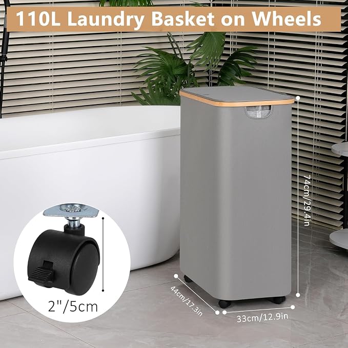 IEGrow Laundry Basket with Wheels 110L Clothes Hamper for Laundry,Pink | Laundry Hamper with Lid and Bamboo Frame, for Laundry Room, Bedroom, Dormitory Storage