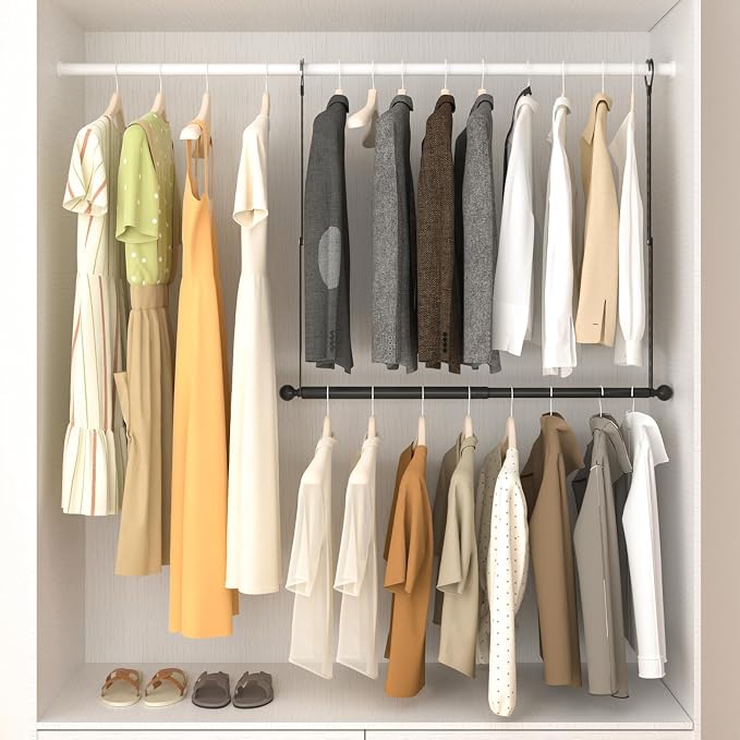 SUTINE Closet Rods for Hanging Clothes, Adjustable Closet Extender Hanging Rod, Space-Saving Closet Rod Extender Clothes Hanging Bar, Closet Poles for Hanging Clothes Organizer (Black, 15.7-31.5 IN)