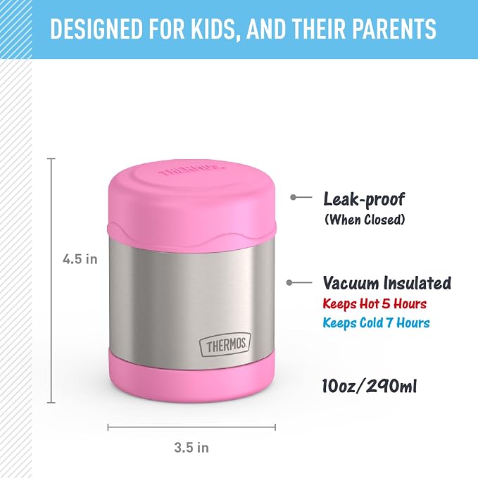 THERMOS FUNTAINER Kids Food Jar, 10oz, Light Pink | Kid-Friendly Stainless Steel Insulated Food Container, Keeps Food Hot or Cold Longer for School & Play, BPA Free
