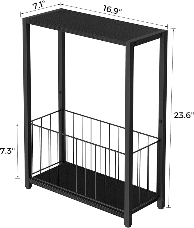 Homleke Narrow Side Table with Magazine Holder, Skinny End Table | Space-Saving Design, Small Spaces, Storage Shelf, Metal Frame, Easy Assembly, 7.1" D x 16.9" W x 23.6" H, Black