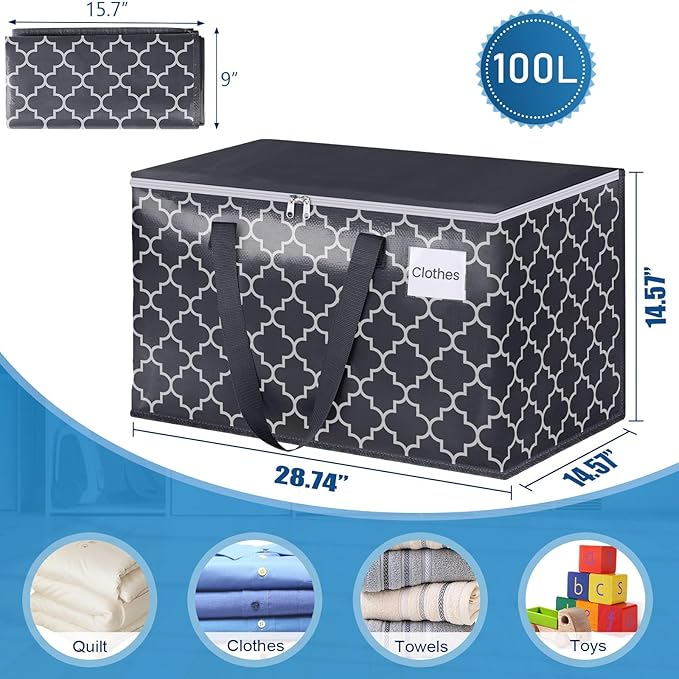Extra Large Moving Bags, Heavy-Duty Storage Totes with Zipper Top and Sturdy Handles, Moving Supplies for Space Saving and Packing, Collapsible Storage Bags, Black & Gray, 100L, 10-Pack