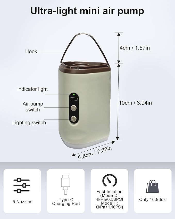 Portable Air Pump with 2500mAh Battery USB Rechargeable Lightweight Electric Mini Air Pump Inflate Deflate for Pool Floats Vacuum Storage Bags Air Mattress Swimming Ring Sleeping Pads – Khaki | USB Rechargeable, Lightweight, Electric, Mini, for Pool, F...