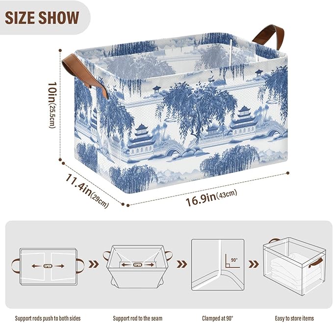 Blue and White Porcelain Pavilions Willow Tree Storage Bins for Shelves with Labels&Handles Fabric Organizer Bin Foldable Rectangle Storage Basket Boxes for Closet, Bathroom, Home, Living Room, 2 Pack