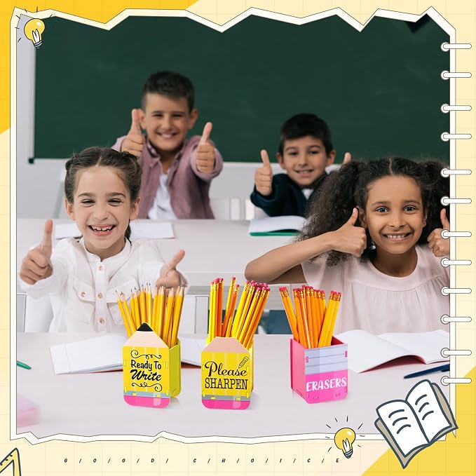 DoubleFill 3 Pcs Sharp and Dull Pencil Holder Eraser Buckets Wooden Shaped Dispenser for Back to School Teachers Classroom Management(Yellow Ready to Write)