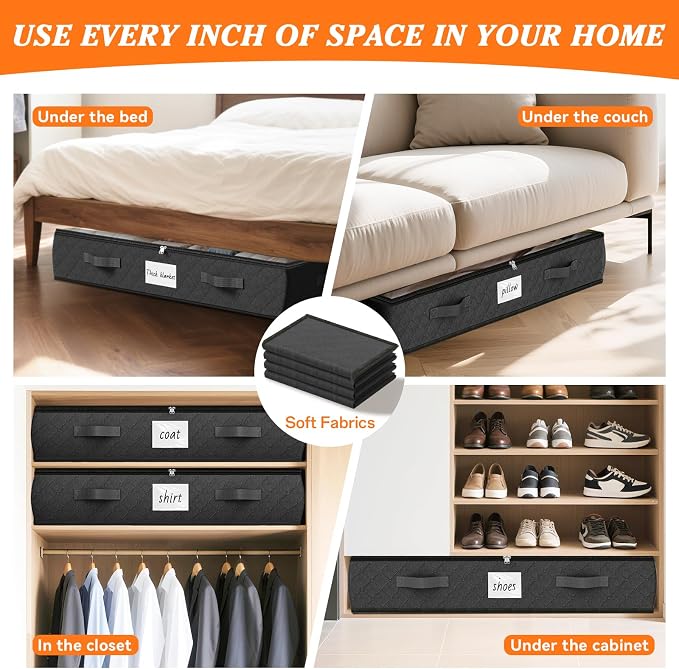 SpaceWhisper 90L Under Bed Storage Containers, 6-Pack Storage Bins with Clear Top, Foldable Closet Organizers and Storage with Label Holder for Clothing, Blankets, Comforter & Pillows(Black)