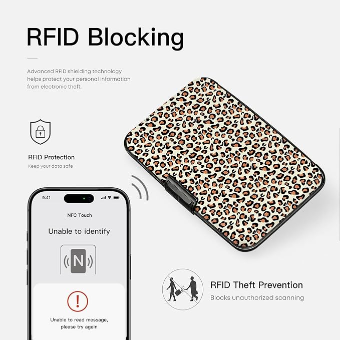 Credit Card Holder RFID Aluminum card case Leopard mini Wallet Women Men | ABS Business ID Case,Hard Case Large Capacity 6 Slots, Waterproof Durable ，Secure Closure Slim Small Credit Card Protector