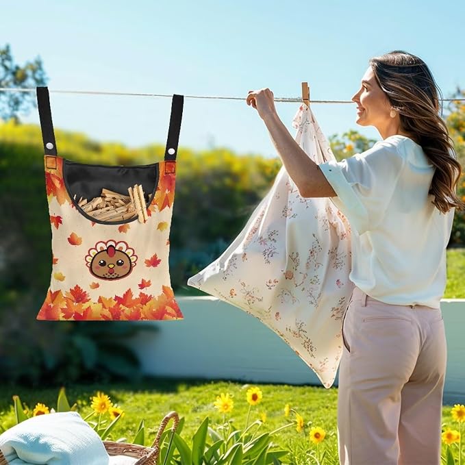 Turkey Clothespin Storage Moon Hanger Bags Maple Leaf Laundry Clothespin Bag with a Large Opening, Waterproof Hanging Storage Organizer with Hanging Rope for Home Outdoor