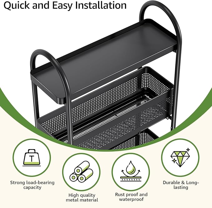 KINGRACK 3-Tier Slim Storage Cart with Pull Out Basket, Rolling Bathroom Organizer Utility, Metal Shelving Unit Slide Out, Lockable Wheels, Easy Assembly for Narrow Place, Kitchen, Laundry Room, Black