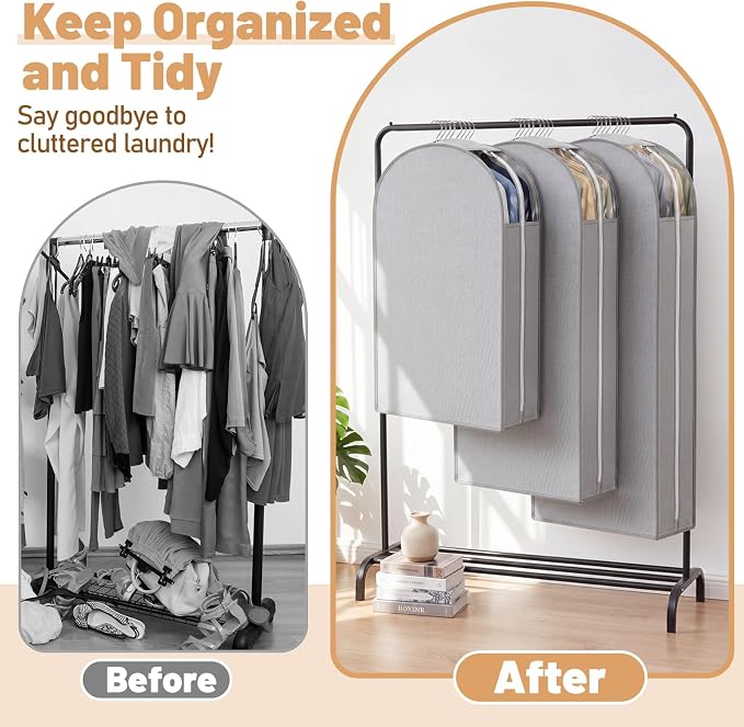 6 Pack Garment Bags for Hanging Clothes, 40"/50"/60" Suit Bags for Open Closet, 10" Gusseted Waterproof Dustproof Clothes Storage Closet, Dress, Coat, Travel (Window Style,Gray)