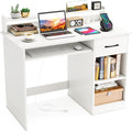 Tangkula White Desk with Drawer & Keyboard Tray, Home Office Desk with Built-in Charge Station & Adjustable Shelf, Study Writing Table with Hutch, Modern Computer PC Workstation